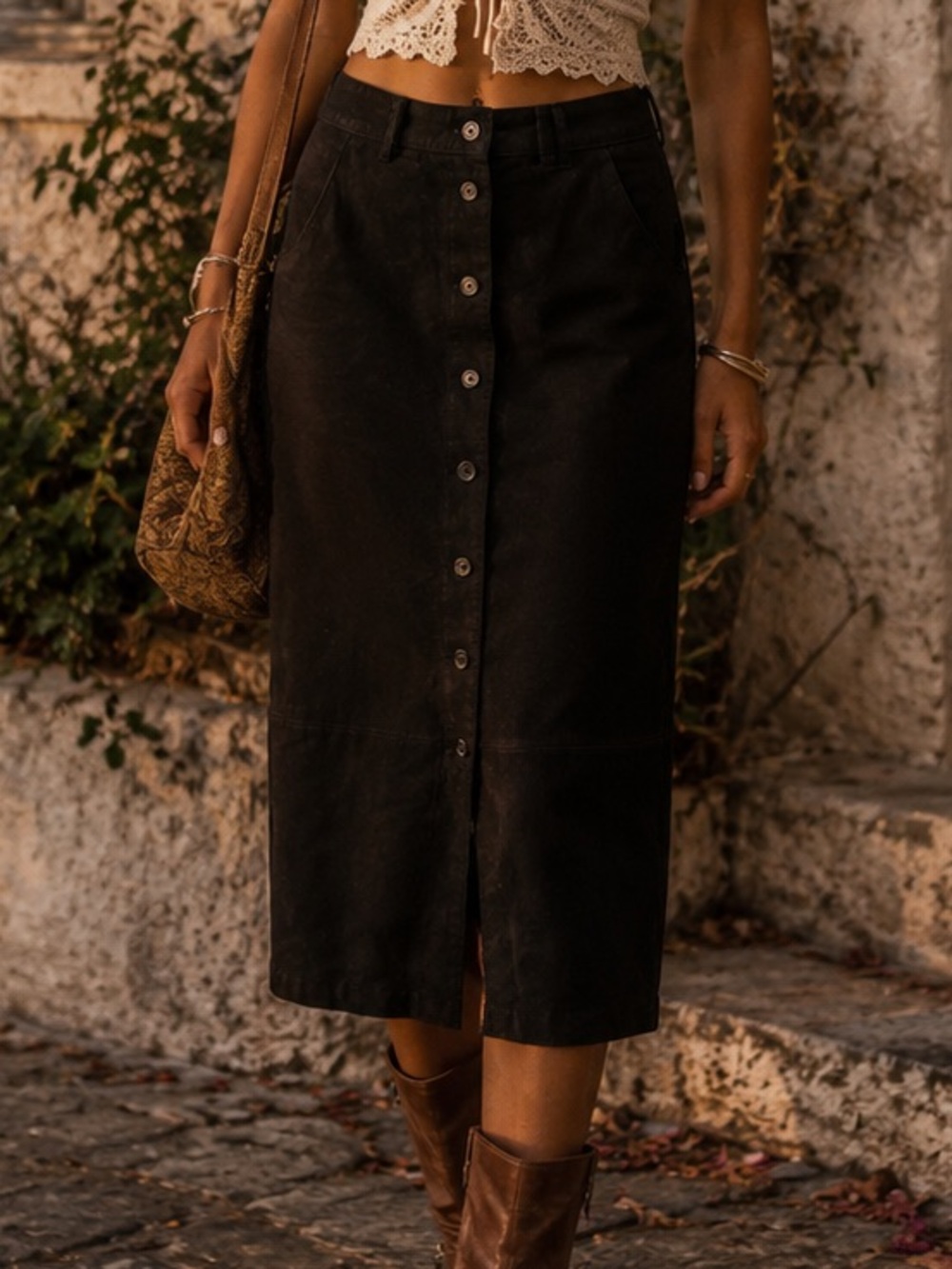 Vintage Toffs Suede Button-Front Black Pencil Midi Skirt Classic Retro Boho